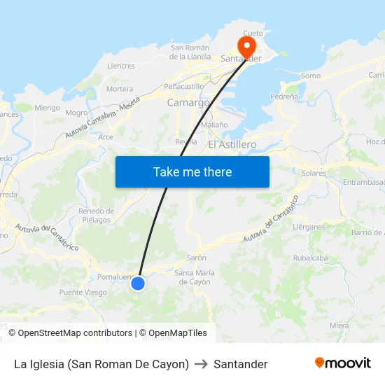 La Iglesia (San Roman De Cayon) to Santander map