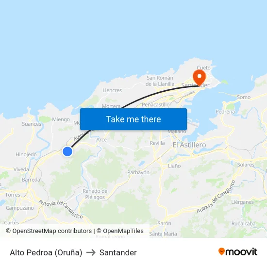 Alto Pedroa (Oruña) to Santander map