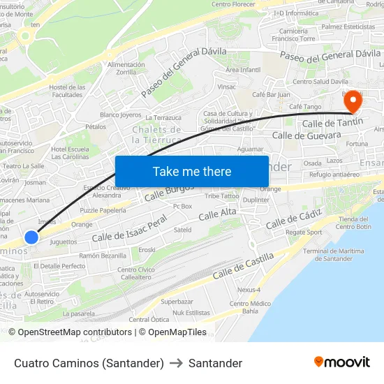 Cuatro Caminos (Santander) to Santander map