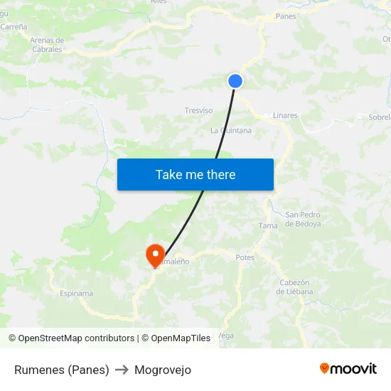 Rumenes (Panes) to Mogrovejo map