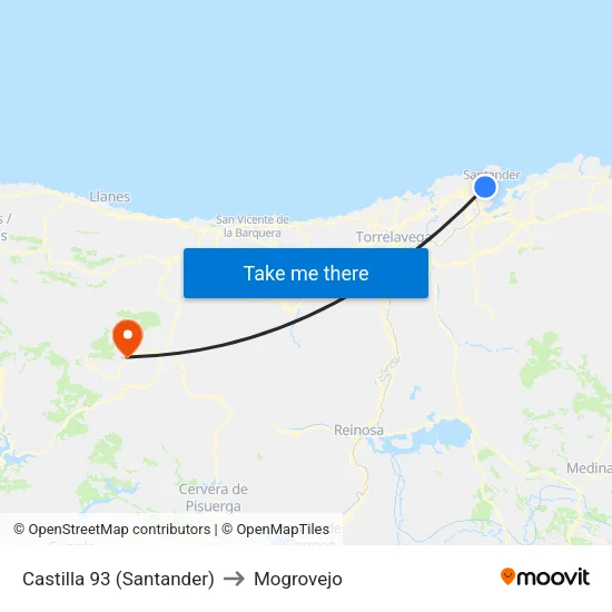 Castilla 93 (Santander) to Mogrovejo map