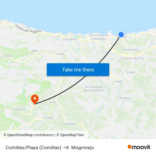 Comillas/Playa (Comillas) to Mogrovejo map