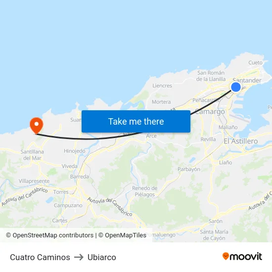 Cuatro Caminos to Ubiarco map