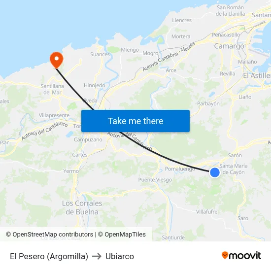 El Pesero (Argomilla) to Ubiarco map