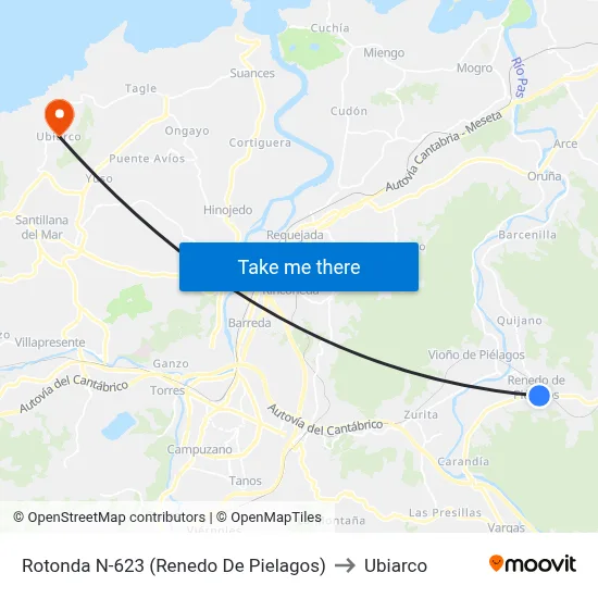 Rotonda N-623 (Renedo De Pielagos) to Ubiarco map