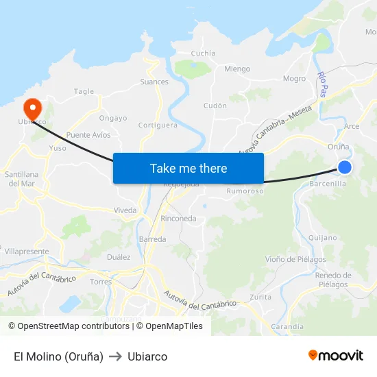 El Molino (Oruña) to Ubiarco map