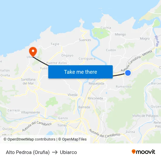 Alto Pedroa (Oruña) to Ubiarco map