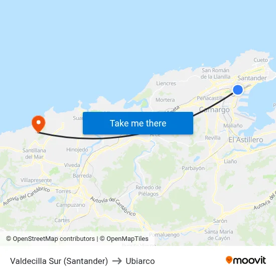 Valdecilla Sur (Santander) to Ubiarco map