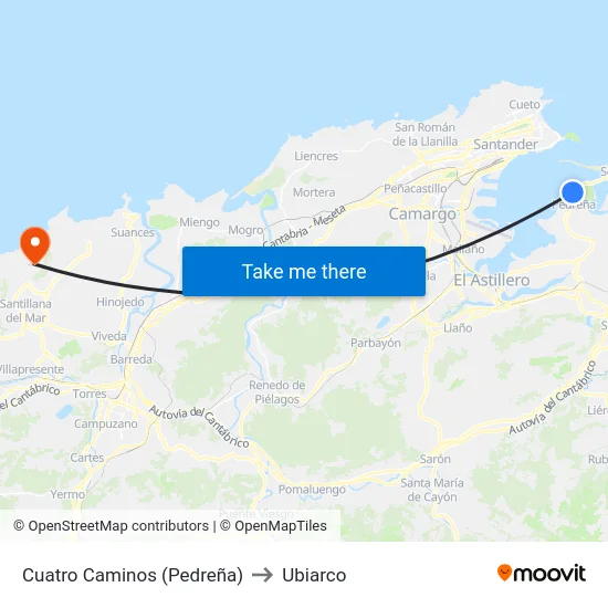 Cuatro Caminos (Pedreña) to Ubiarco map