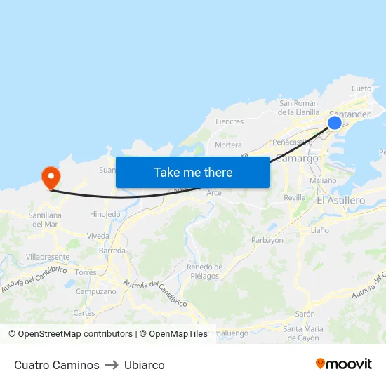 Cuatro Caminos to Ubiarco map