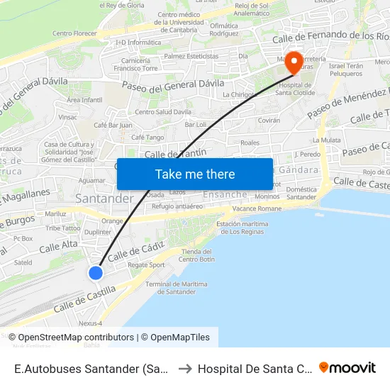 E.Autobuses Santander (Santander) to Hospital De Santa Clotilde map