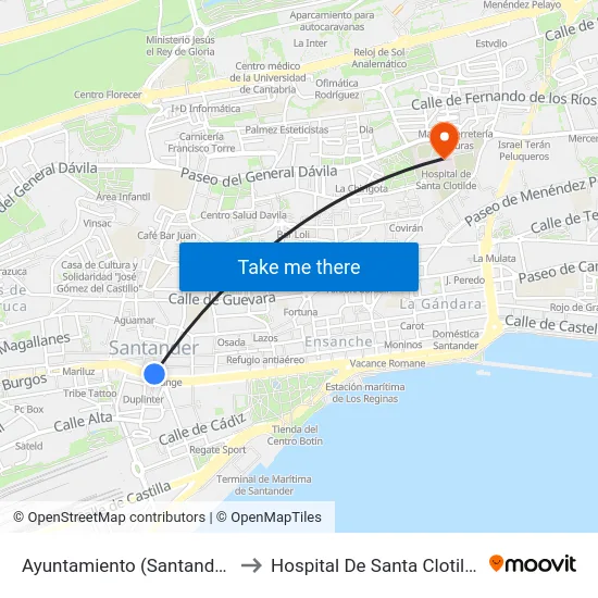 Ayuntamiento (Santander) to Hospital De Santa Clotilde map
