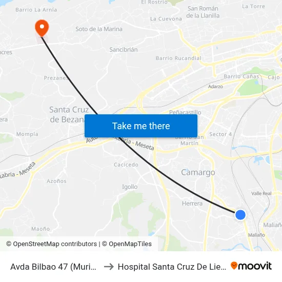 Avda Bilbao 47 (Muriedas) to Hospital Santa Cruz De Liencres map