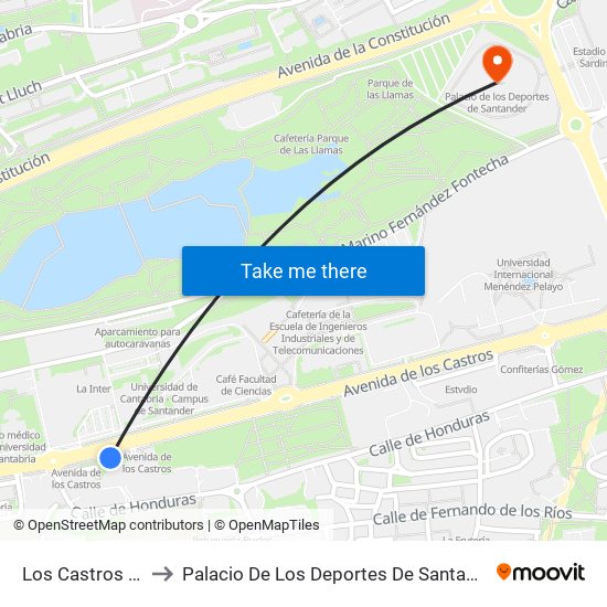 Los Castros 63 to Palacio De Los Deportes De Santander map