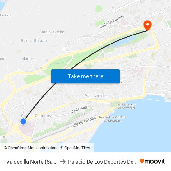 Valdecilla Norte (Santander) to Palacio De Los Deportes De Santander map