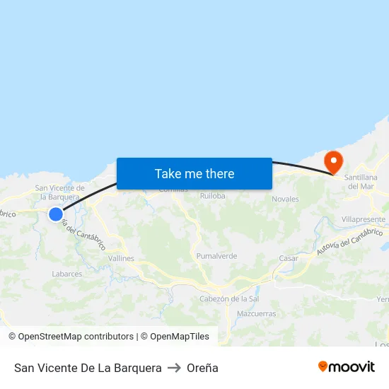 San Vicente De La Barquera to Oreña map