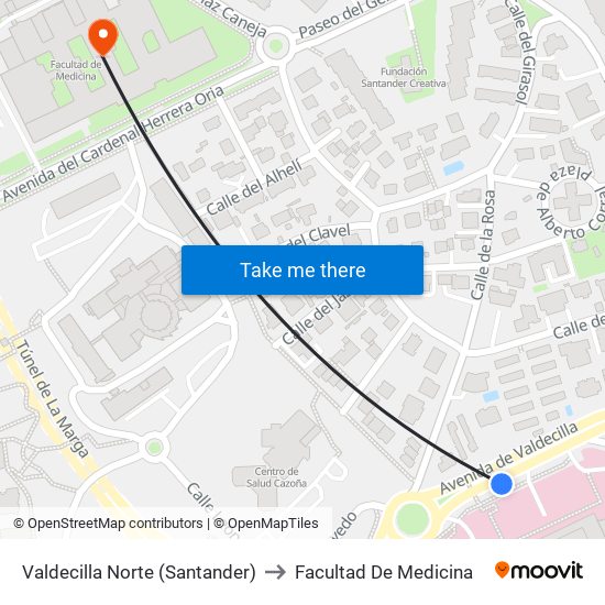 Valdecilla Norte (Santander) to Facultad De Medicina map