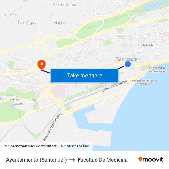 Ayuntamiento (Santander) to Facultad De Medicina map