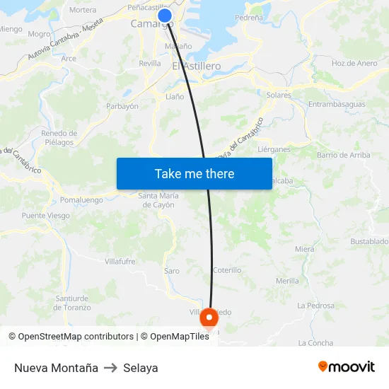 Nueva Montaña to Selaya map