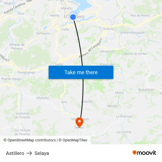 Astillero to Selaya map