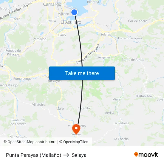 Punta Parayas (Maliaño) to Selaya map
