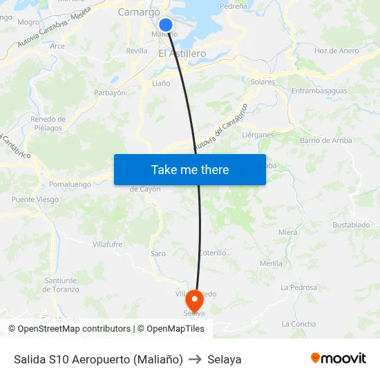 Salida S10 Aeropuerto (Maliaño) to Selaya map