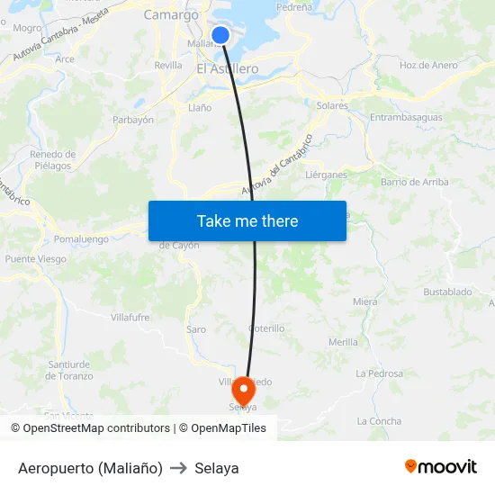 Aeropuerto (Maliaño) to Selaya map
