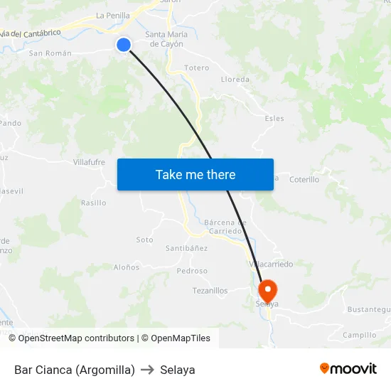 Bar Cianca (Argomilla) to Selaya map
