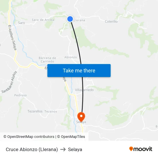Cruce Abionzo (Llerana) to Selaya map