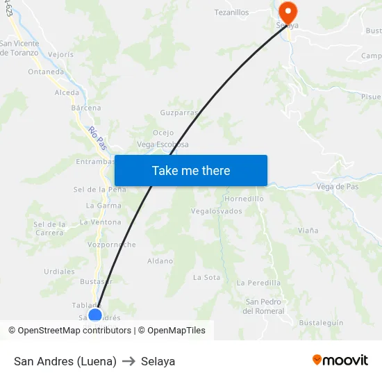 San Andres (Luena) to Selaya map