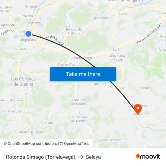 Rotonda Simago (Torrelavega) to Selaya map