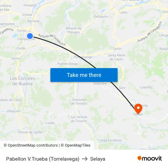 Pabellon V.Trueba (Torrelavega) to Selaya map