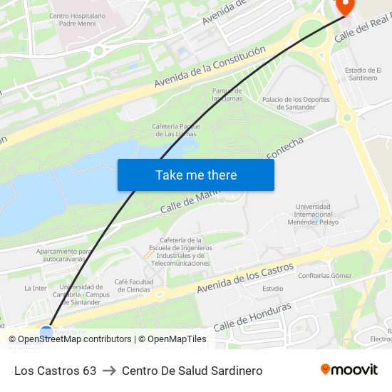 Los Castros 63 to Centro De Salud Sardinero map