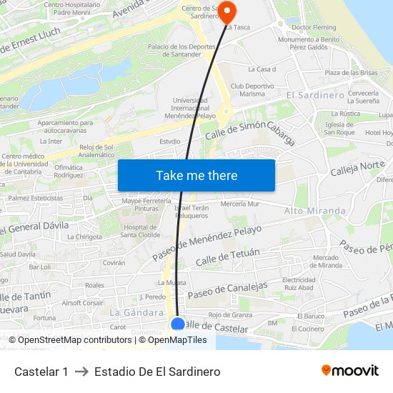 Castelar 1 to Estadio De El Sardinero map