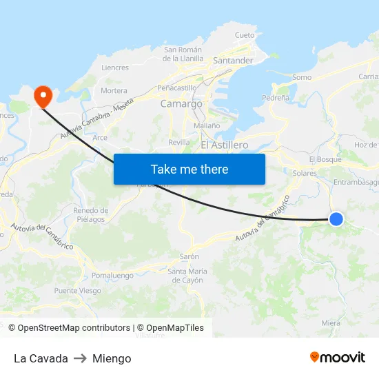 La Cavada to Miengo map