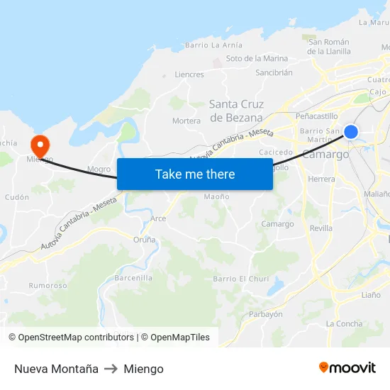 Nueva Montaña to Miengo map
