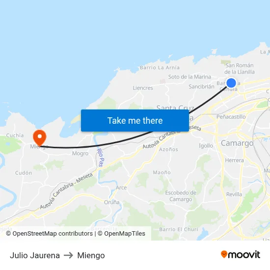 Julio Jaurena to Miengo map