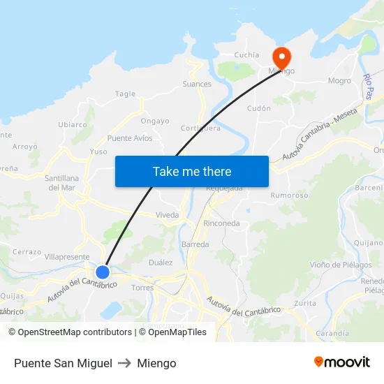 Puente San Miguel to Miengo map