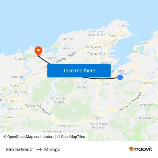 San Salvador to Miengo map