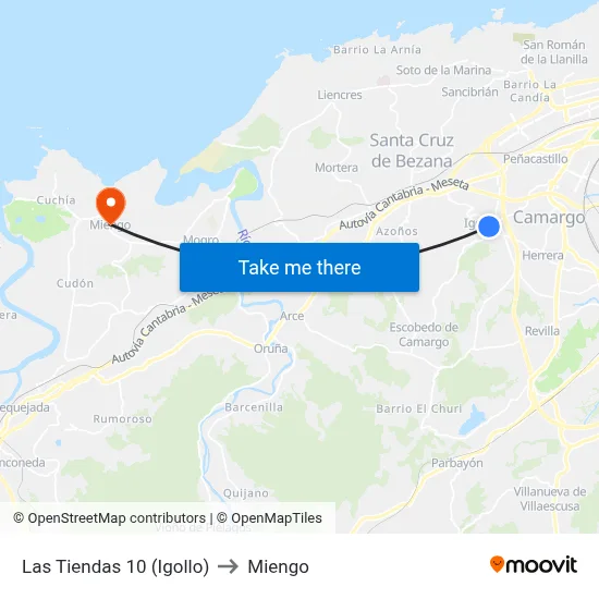 Las Tiendas 10 (Igollo) to Miengo map