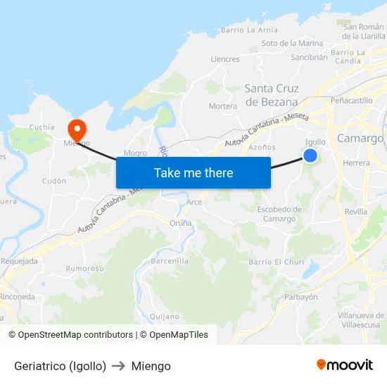 Geriatrico (Igollo) to Miengo map
