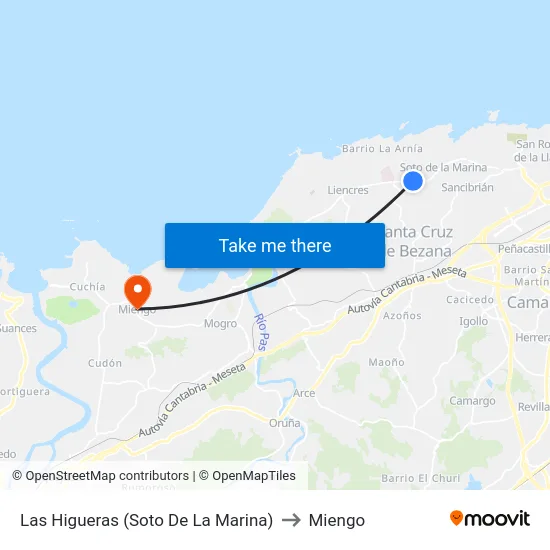 Las Higueras (Soto De La Marina) to Miengo map