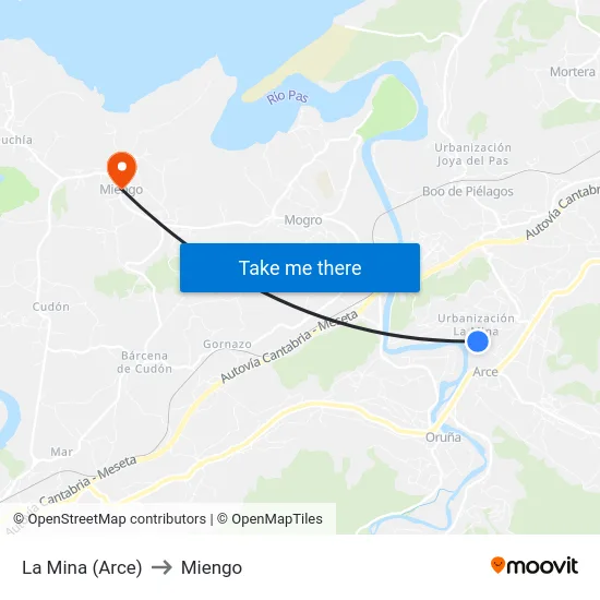 La Mina (Arce) to Miengo map