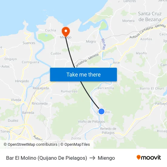 Bar El Molino (Quijano De Pielagos) to Miengo map
