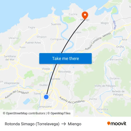 Rotonda Simago (Torrelavega) to Miengo map