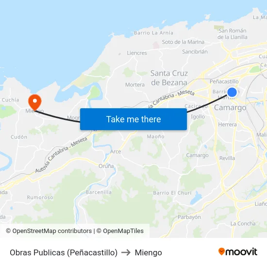 Obras Publicas (Peñacastillo) to Miengo map