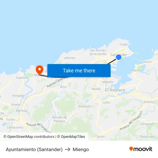 Ayuntamiento (Santander) to Miengo map