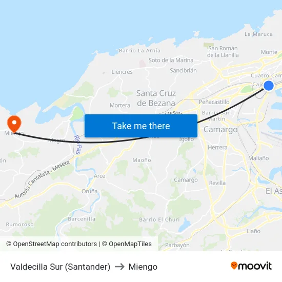 Valdecilla Sur (Santander) to Miengo map