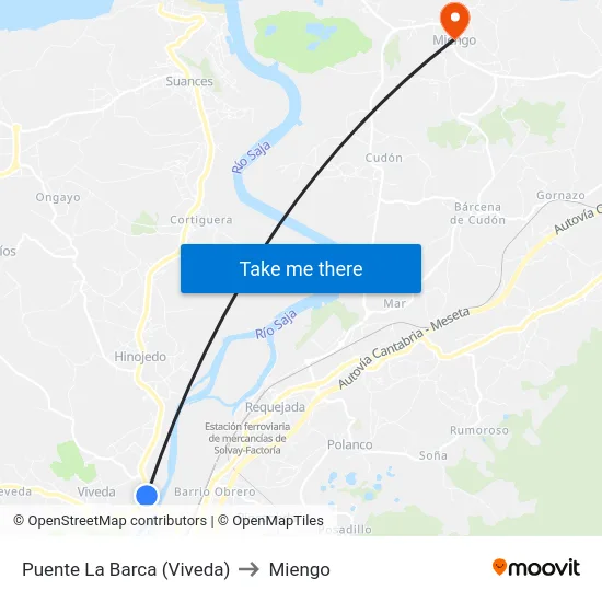 Puente La Barca (Viveda) to Miengo map