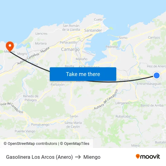 Gasolinera Los Arcos (Anero) to Miengo map